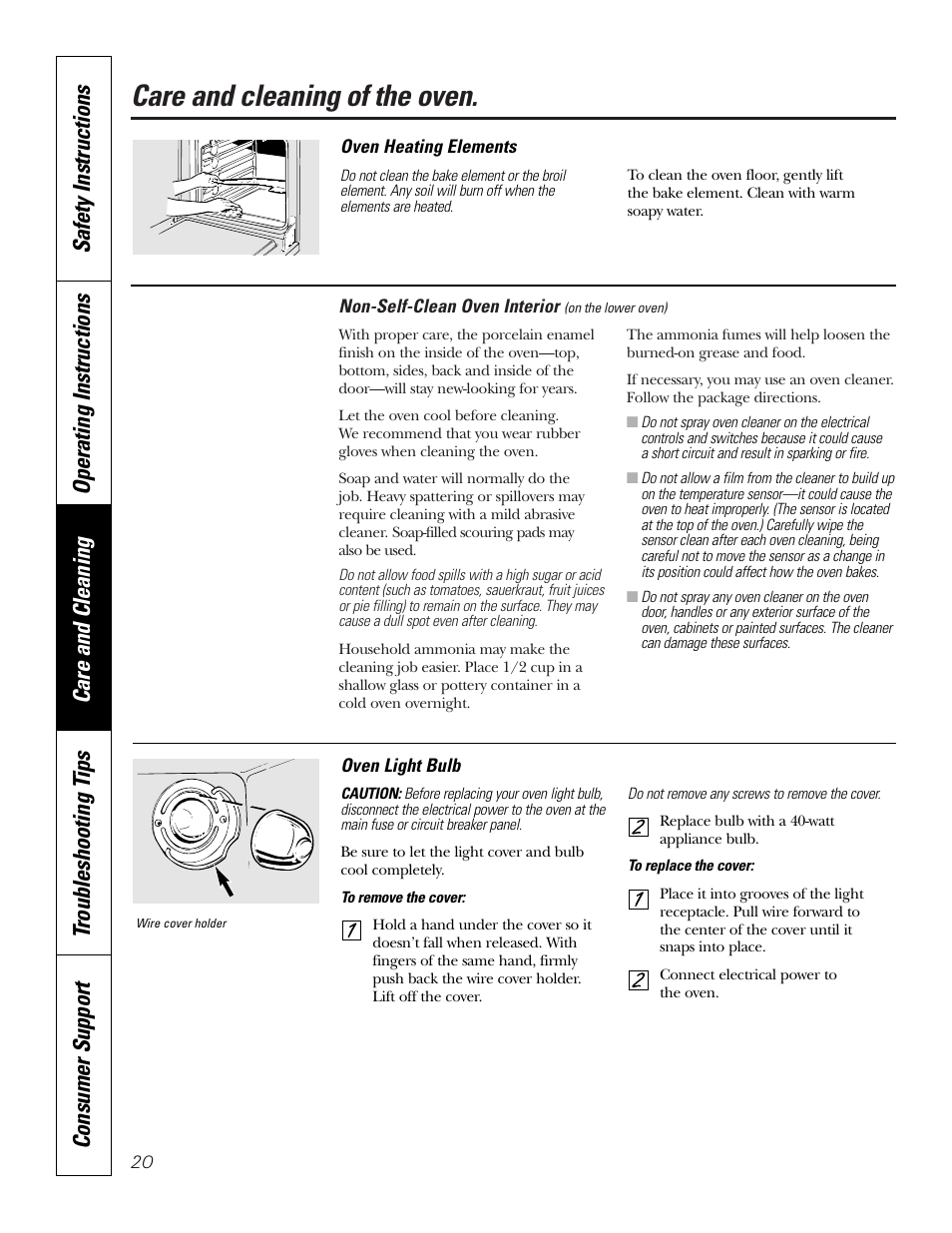 Heating element, Light, Oven interior | Care and cleaning of the oven | GE JRP28 User Manual | Page 20 / 28