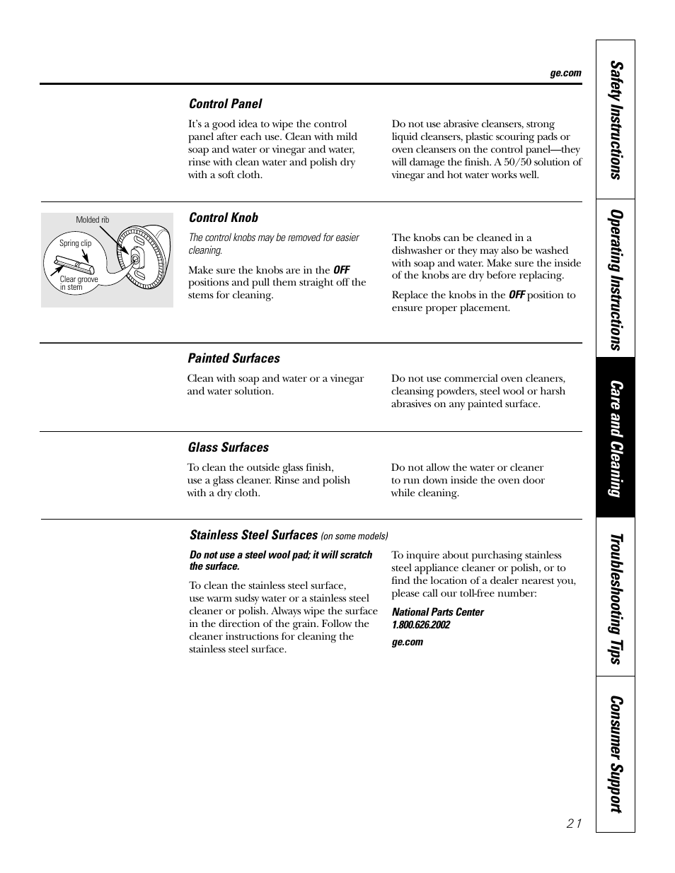 Control panel, Glass surfaces, Knob | Painted surfaces, Stainless steel surfaces | GE JRP28 User Manual | Page 21 / 28