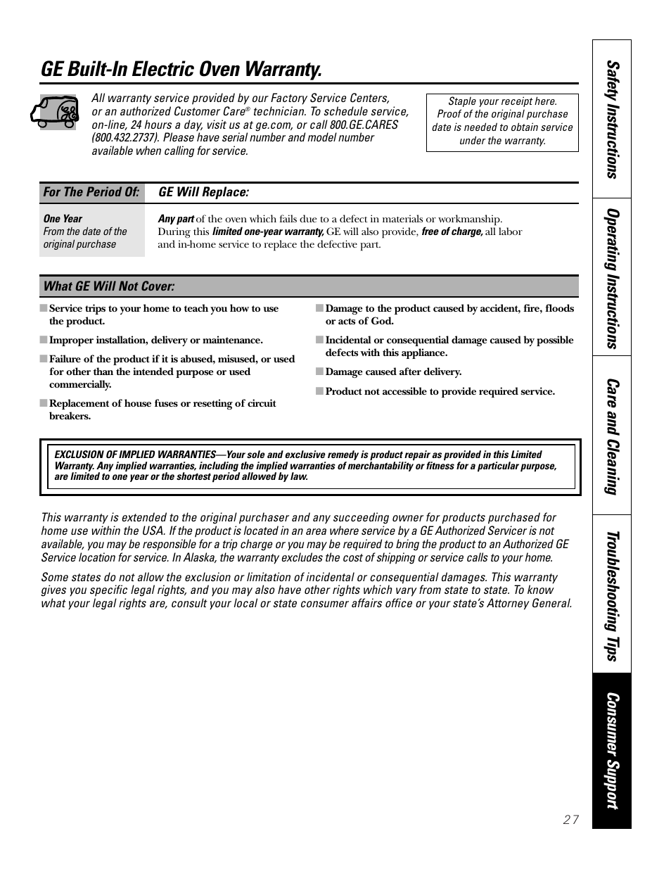 Warranty, Ge built-in electric oven warranty | GE JRP28 User Manual | Page 27 / 28