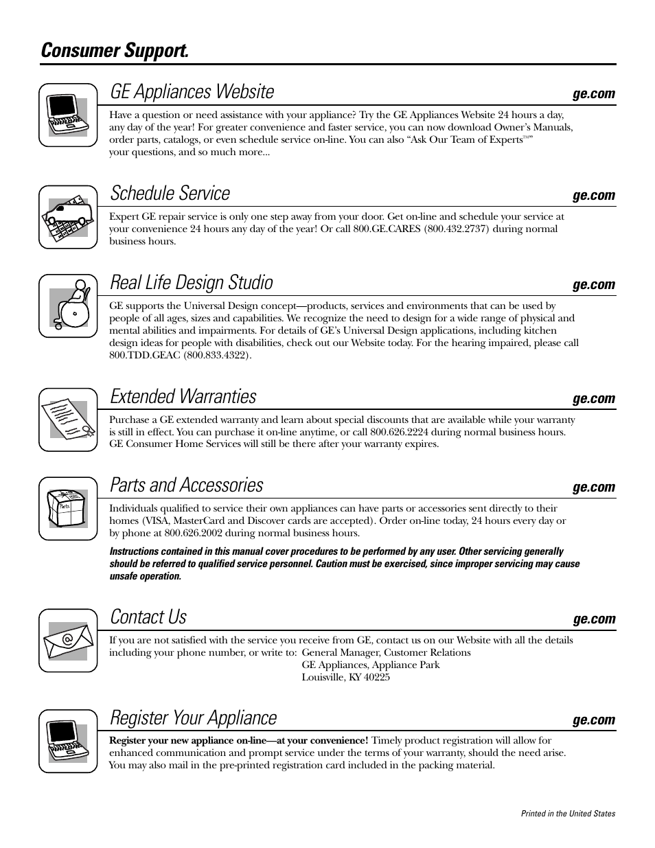 Consumer support, Consumer support. ge appliances website, Schedule service | Real life design studio, Extended warranties, Parts and accessories, Contact us, Register your appliance | GE JRP28 User Manual | Page 28 / 28