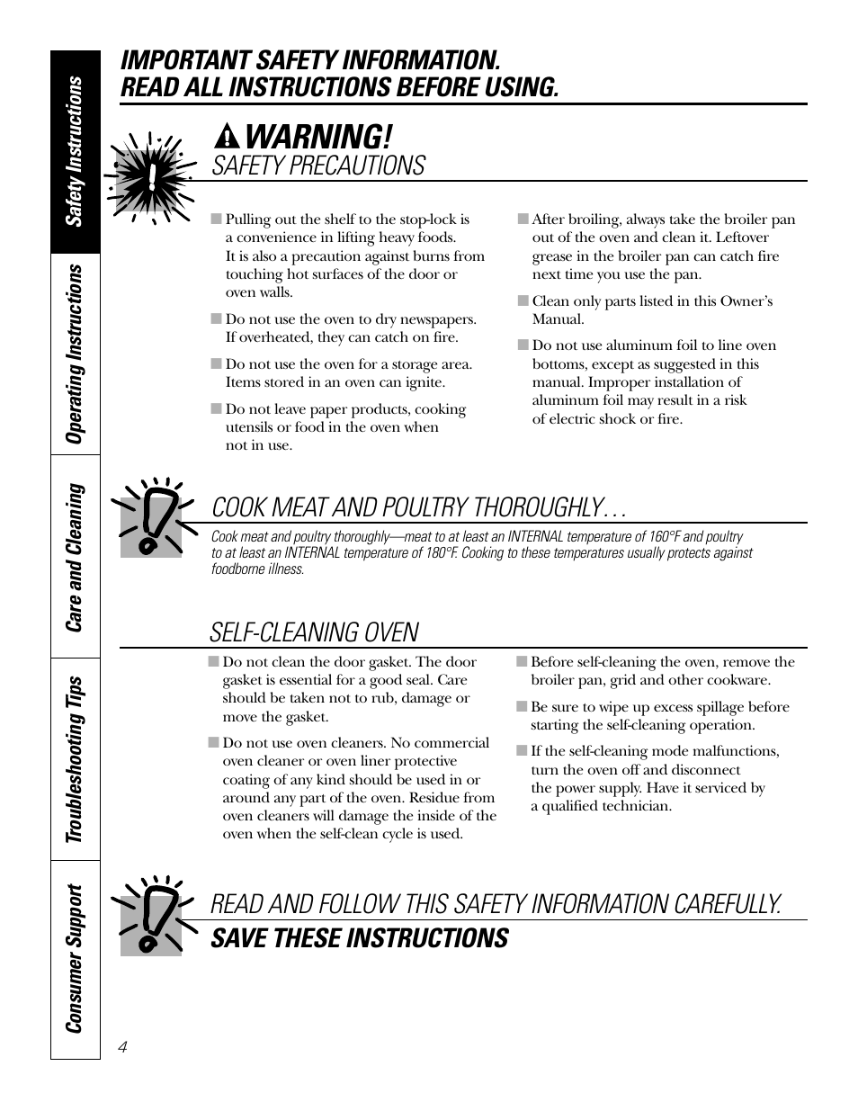 Warning, Cook meat and poultry thoroughly, Safety precautions | GE JRP28 User Manual | Page 4 / 28