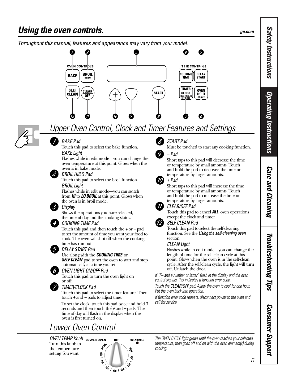 Operating instructions, Oven, Using the oven controls | Lower oven control | GE JRP28 User Manual | Page 5 / 28