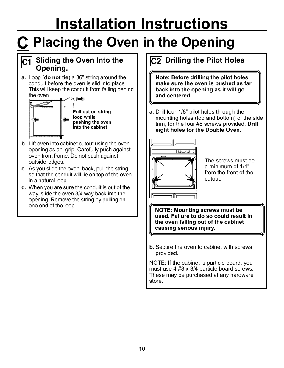 Installation instructions, Placing the oven in the opening, Sliding the oven into the opening | Drilling the pilot holes | GE JKP15 User Manual | Page 10 / 12
