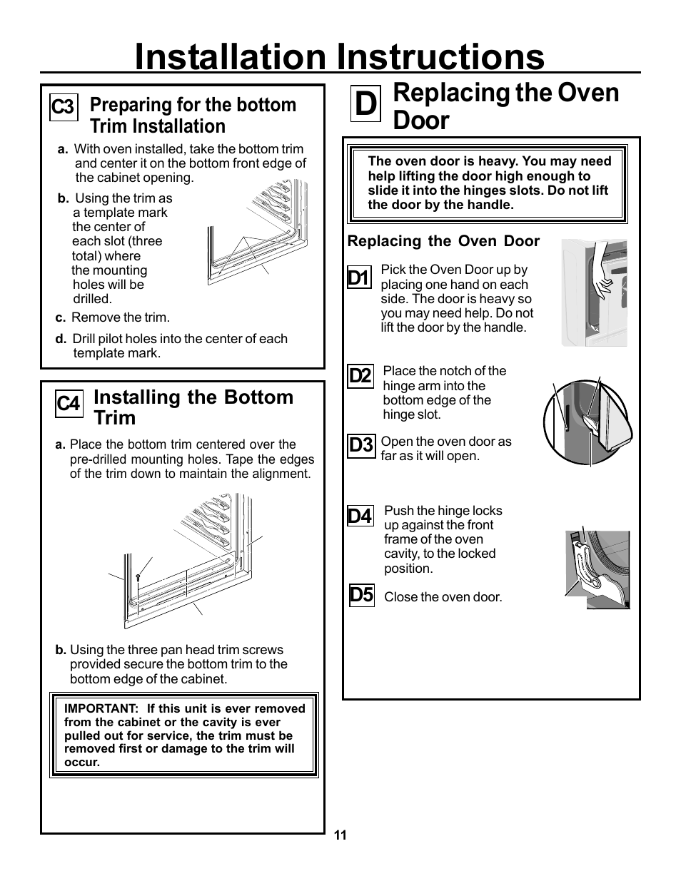 Installation instructions, Replacing the oven door, Installing the bottom trim c4 | Preparing for the bottom trim installation | GE JKP15 User Manual | Page 11 / 12