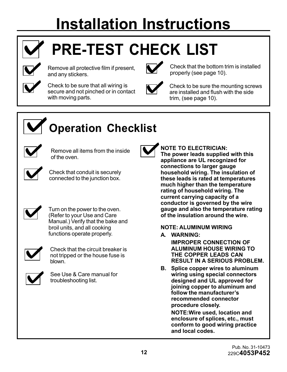 Installation instructions, Pre-test check list, Operation checklist | GE JKP15 User Manual | Page 12 / 12