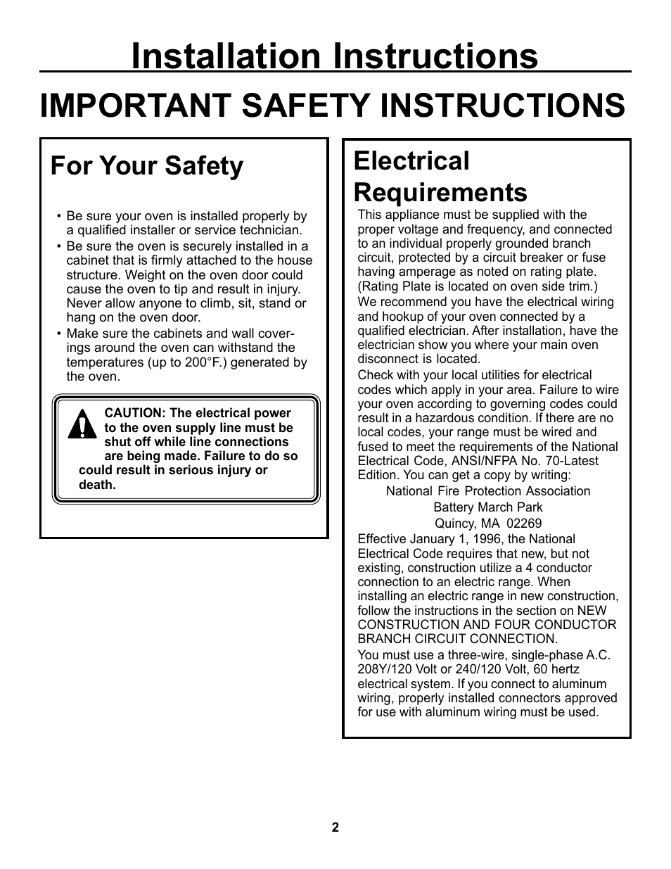 Installation instructions, Important safety instructions, For your safety | Electrical requirements | GE JKP15 User Manual | Page 2 / 12
