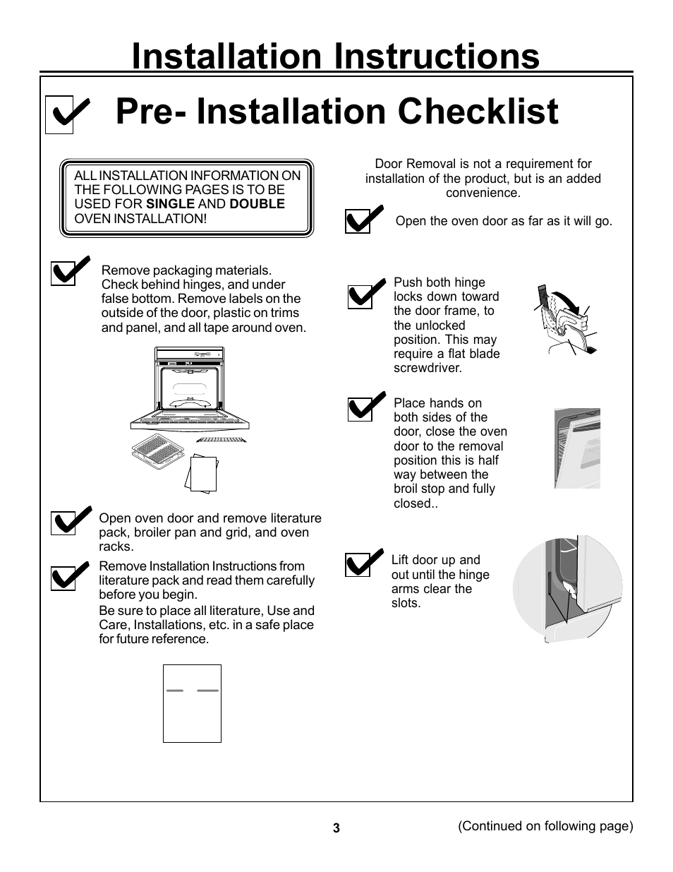 Installation instructions, Pre- installation checklist | GE JKP15 User Manual | Page 3 / 12