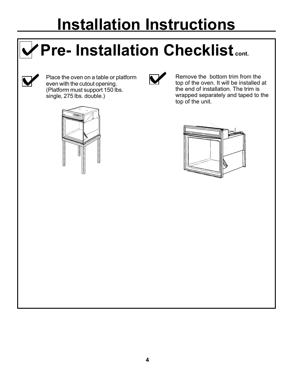 Pre- installation checklist, Installation instructions | GE JKP15 User Manual | Page 4 / 12