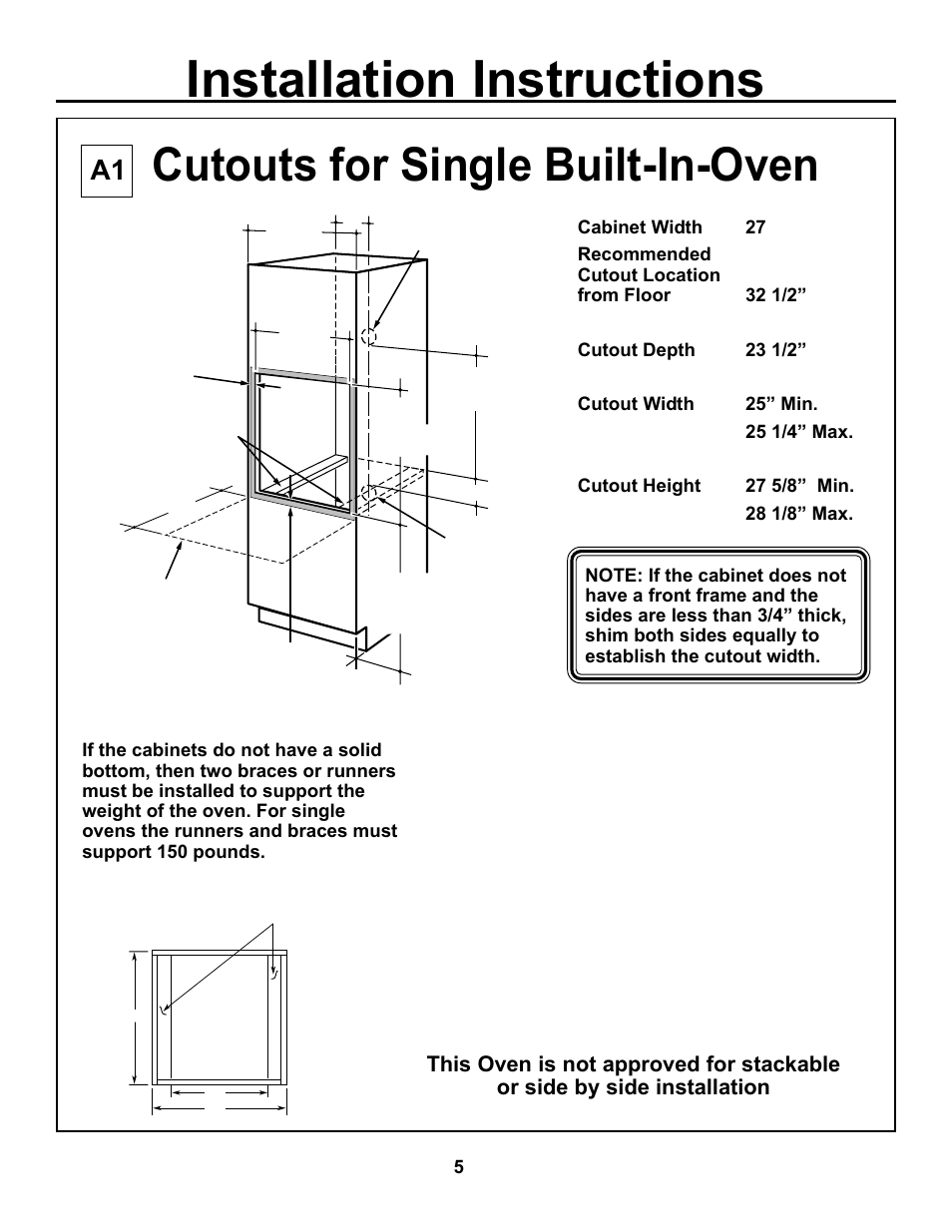 Installation instructions, Cutouts for single built-in-oven | GE JKP15 User Manual | Page 5 / 12