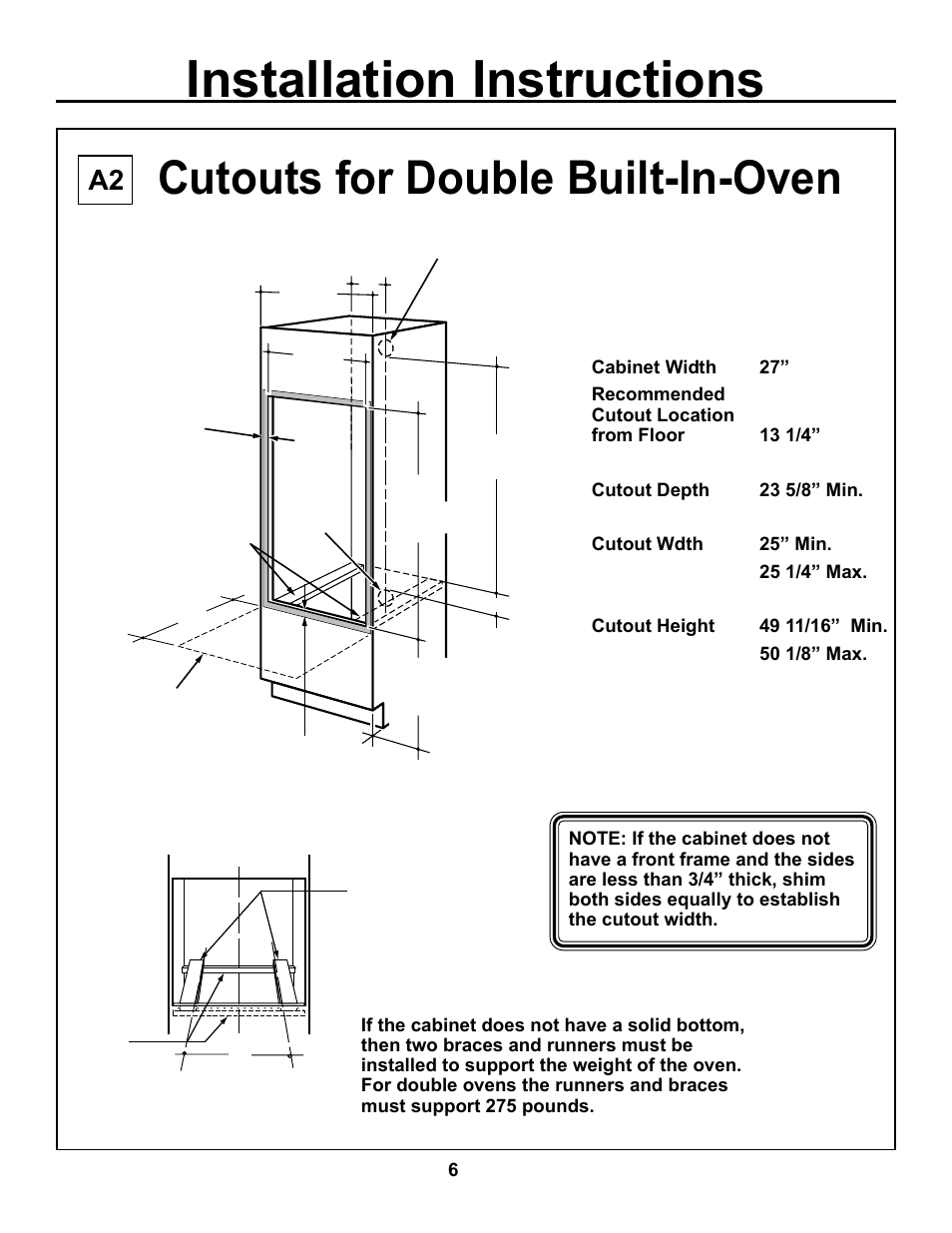 Installation instructions, Cutouts for double built-in-oven | GE JKP15 User Manual | Page 6 / 12