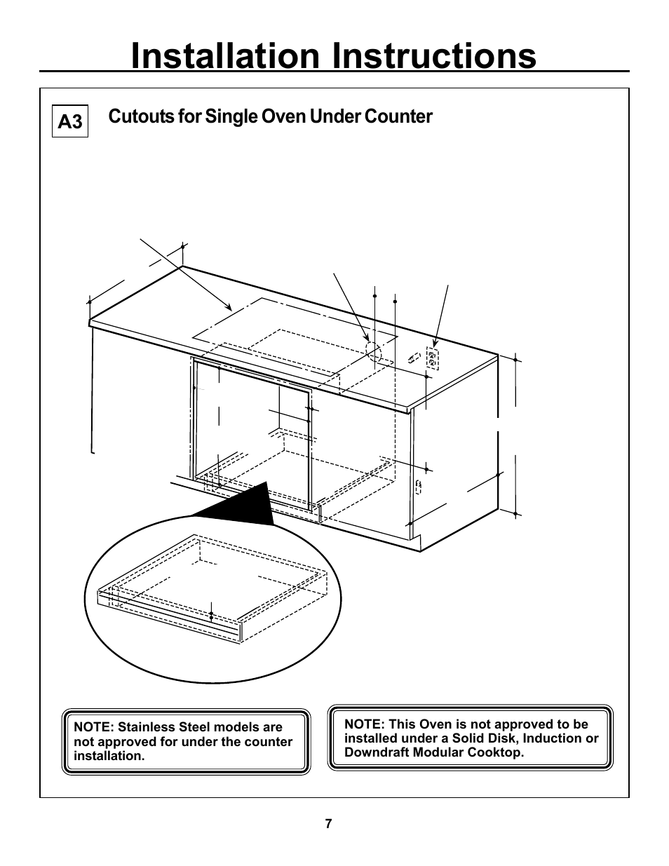 Installation instructions, Cutouts for single oven under counter a3 | GE JKP15 User Manual | Page 7 / 12