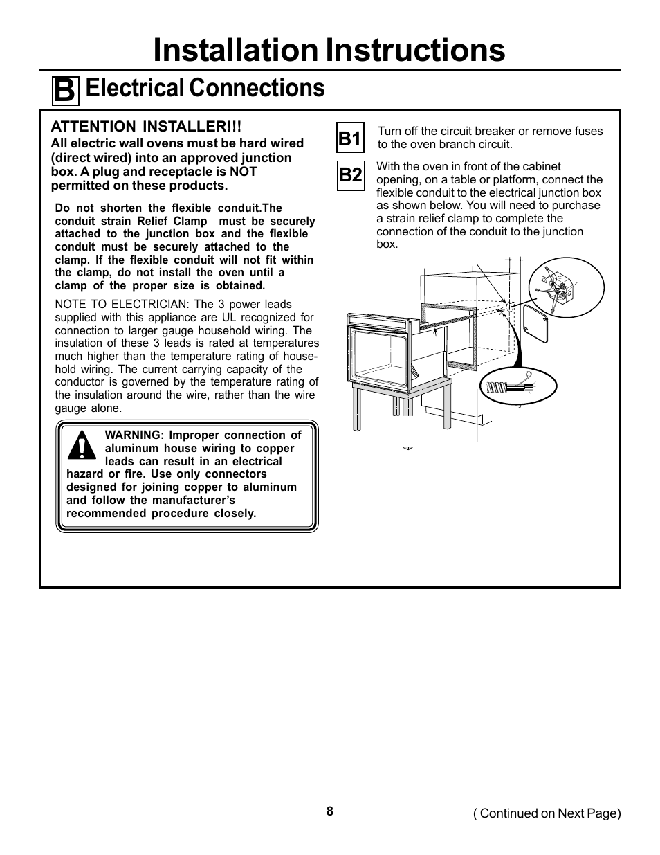 Installation instructions b, Electrical connections, B1 b2 | Attention installer | GE JKP15 User Manual | Page 8 / 12
