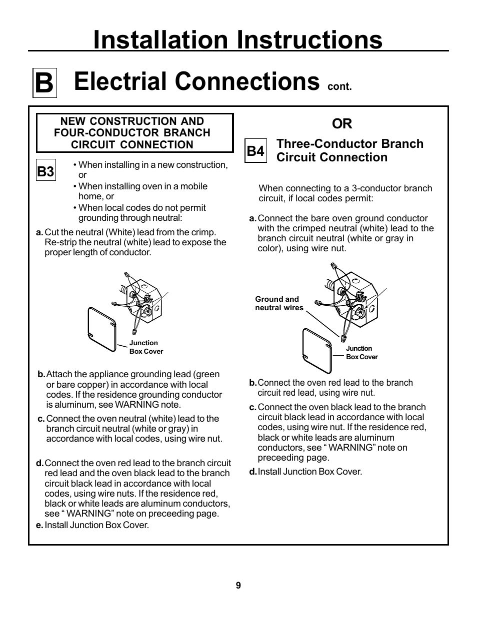 Electrial connections, Installation instructions, Three-conductor branch circuit connection | GE JKP15 User Manual | Page 9 / 12