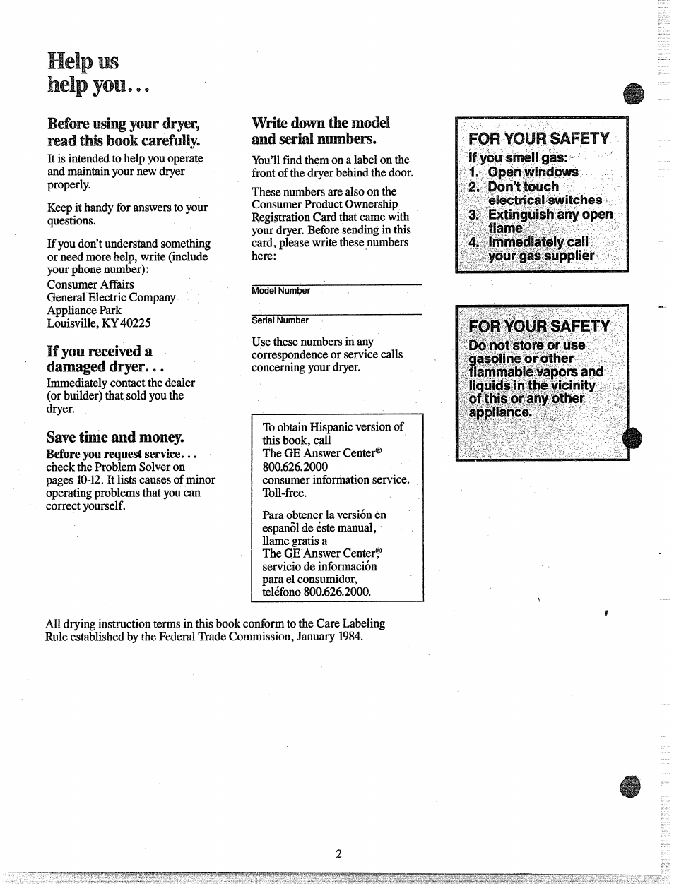 Help us help you, Help us, Help you | For your safety | GE DDE0580G User Manual | Page 2 / 15