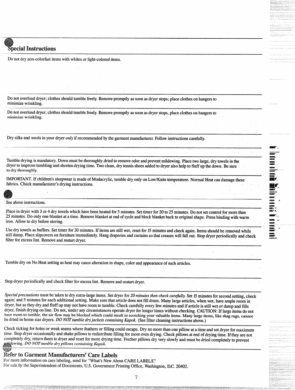 Pedal instructioìis, Only, Special precautions | 20 minutes then check carejully, Do not tumble dry jackets containing kapok, Vir\r, R\r\ \jnrr | GE DDE0580G User Manual | Page 7 / 15