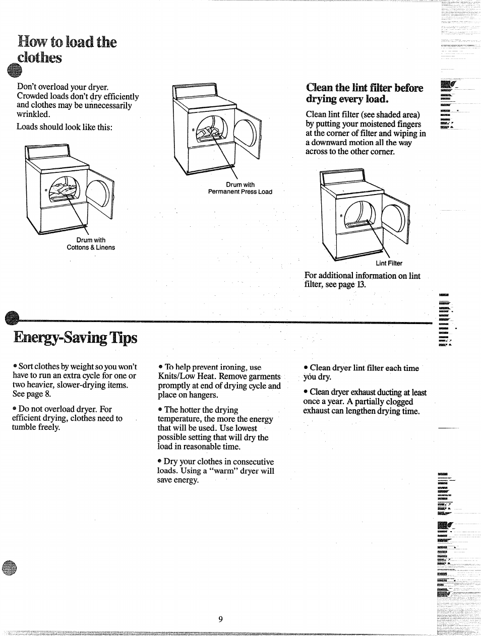 How to load the clothes, Eneigy-saving tips | GE DDE0580G User Manual | Page 9 / 15