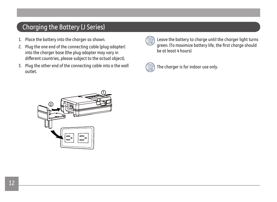 Charging the battery (j series) | GE A Series : A1255 User Manual | Page 15 / 93
