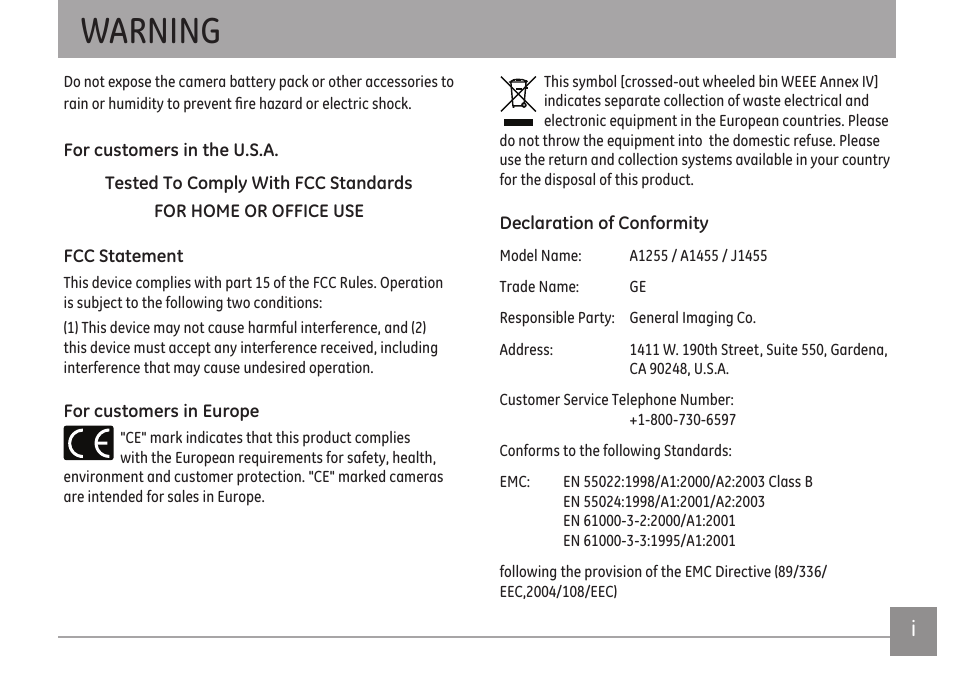 Warning | GE A Series : A1255 User Manual | Page 2 / 93