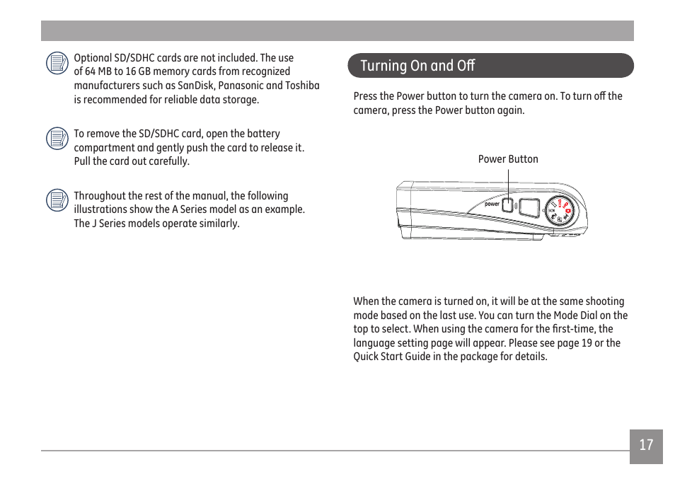 Turning on and off | GE A Series : A1255 User Manual | Page 20 / 93