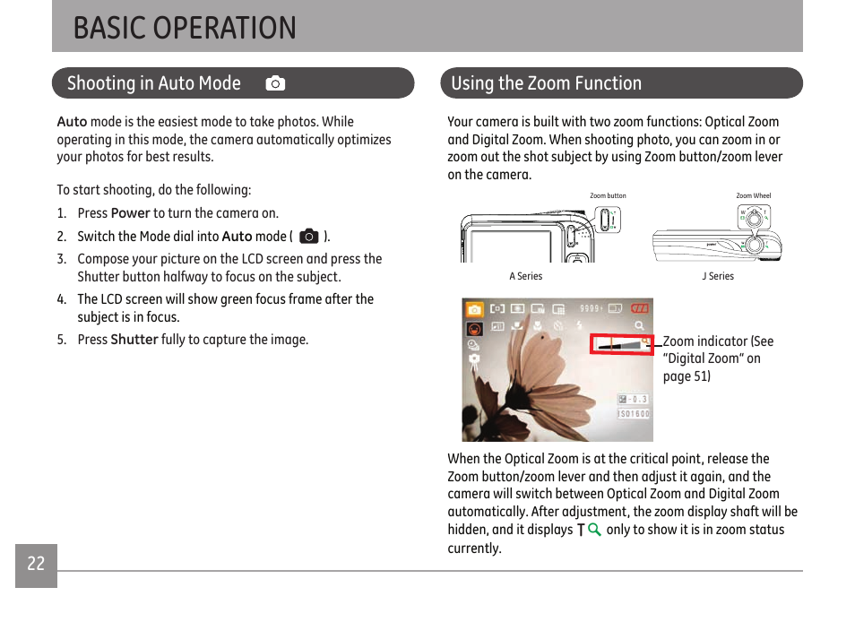Basic operation, Shooting in auto mode, Using the zoom function | GE A Series : A1255 User Manual | Page 25 / 93