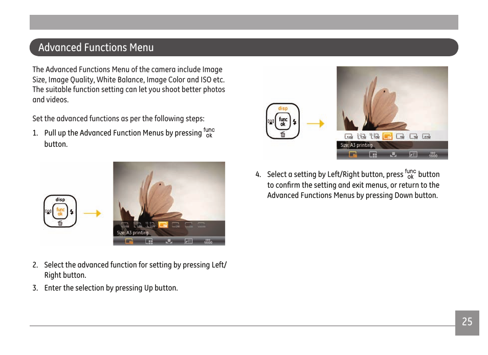 24 25 advanced functions menu | GE A Series : A1255 User Manual | Page 28 / 93