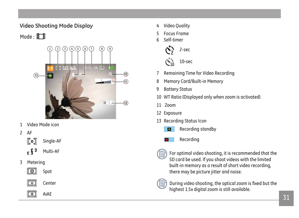 Video shooting mode display mode | GE A Series : A1255 User Manual | Page 34 / 93