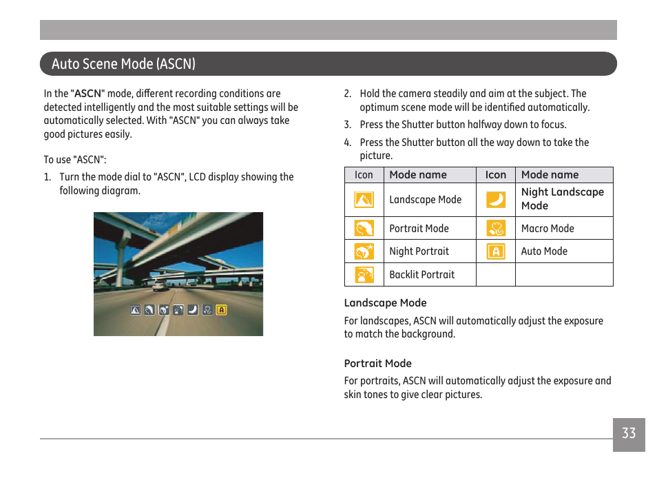 Auto scene mode (ascn) | GE A Series : A1255 User Manual | Page 36 / 93
