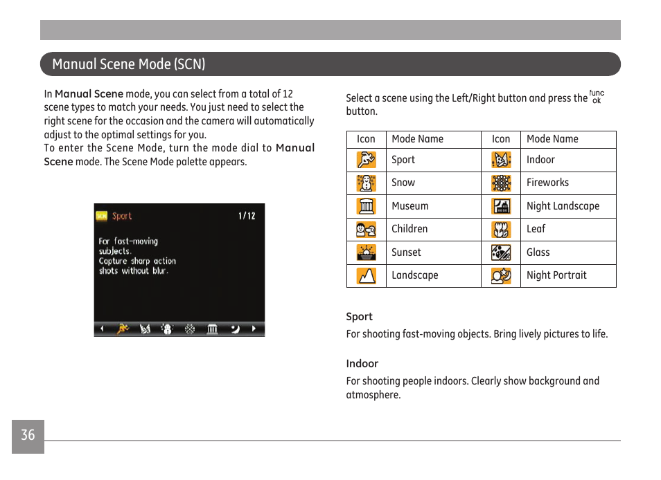 Manual scene mode (scn) | GE A Series : A1255 User Manual | Page 39 / 93