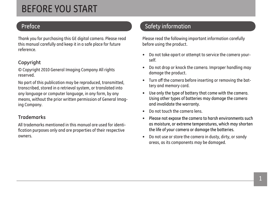 Before you start, Ii 1, Preface | Safety information | GE A Series : A1255 User Manual | Page 4 / 93