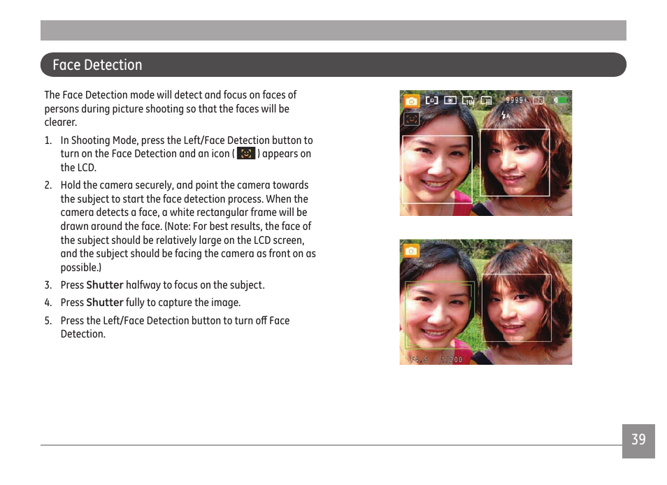 Face detection | GE A Series : A1255 User Manual | Page 42 / 93