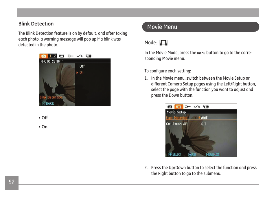Movie menu | GE A Series : A1255 User Manual | Page 55 / 93