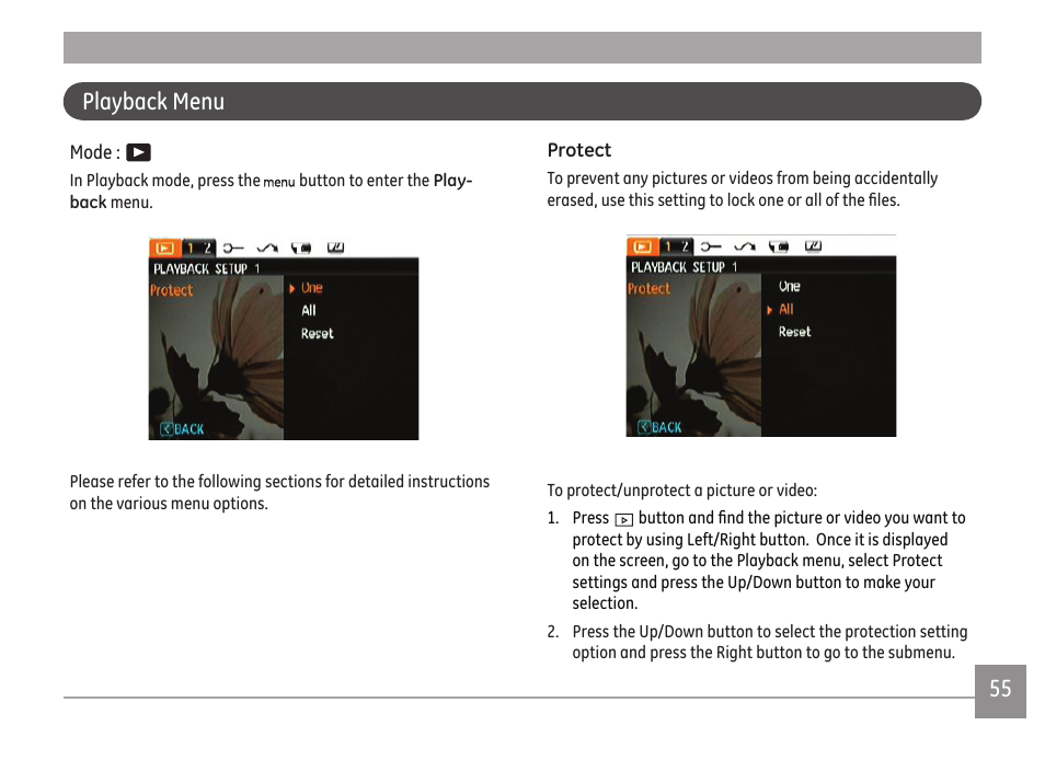 54 55 playback menu | GE A Series : A1255 User Manual | Page 58 / 93