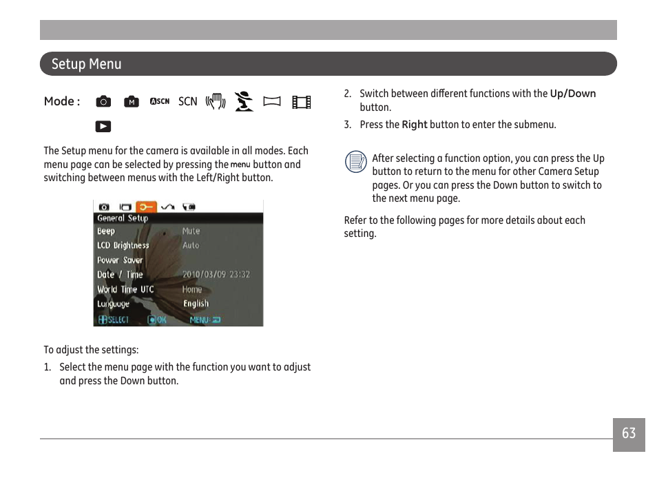 62 63 setup menu | GE A Series : A1255 User Manual | Page 66 / 93
