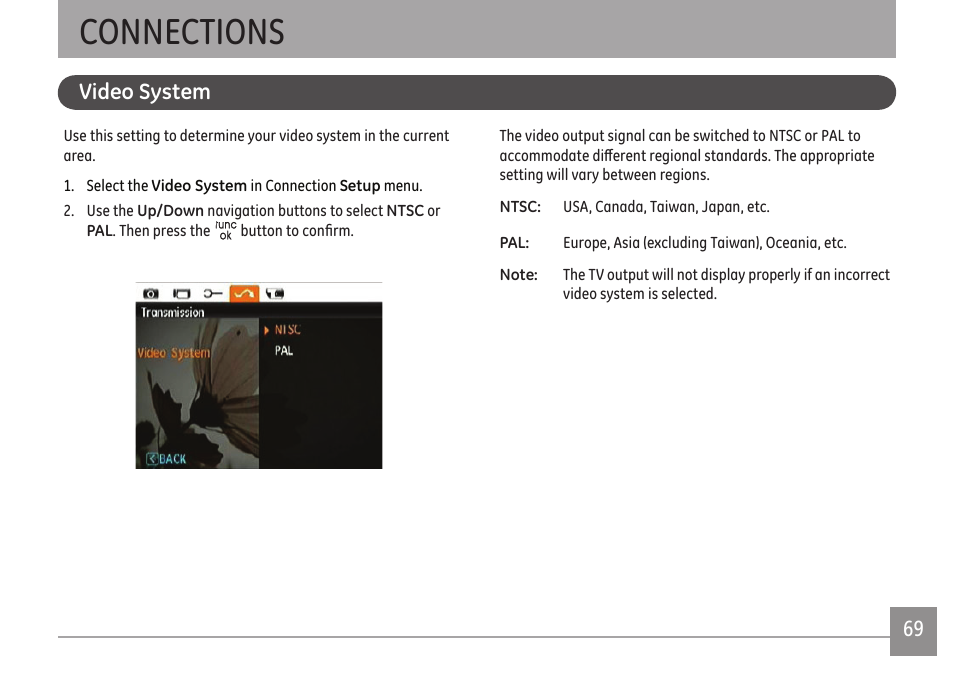 Connections, Video system | GE A Series : A1255 User Manual | Page 72 / 93