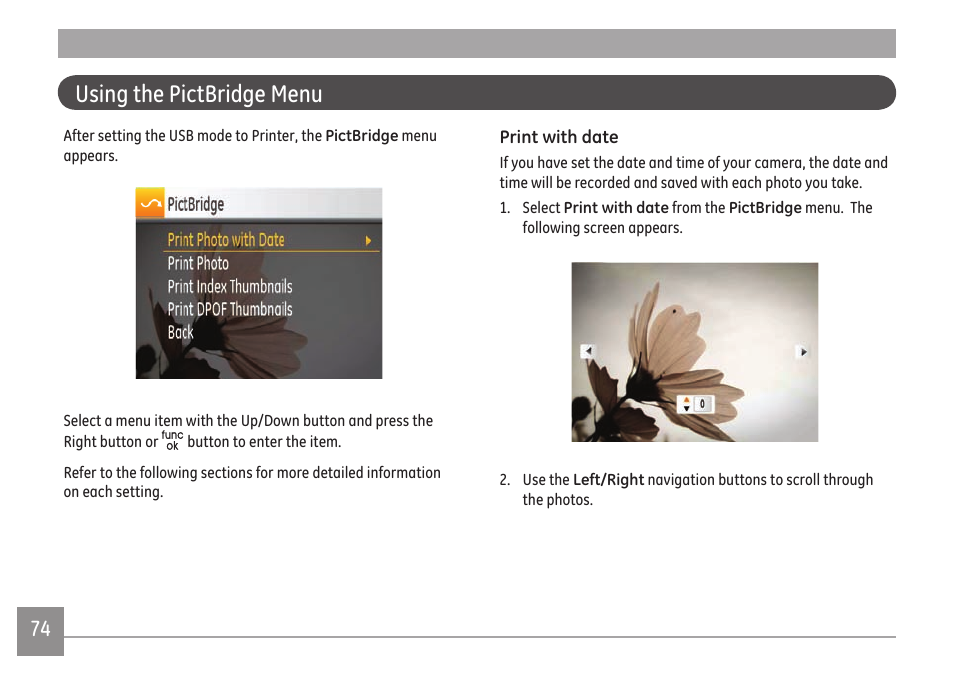 Using the pictbridge menu | GE A Series : A1255 User Manual | Page 77 / 93