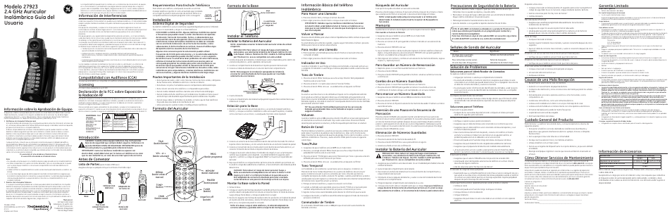 Información de interferencias, Compatibilidad con audífonos (cca), Licensing | Información de accesorios, Información sobre la aprobación de equipo, Introducción, Antes de comenzar, Instalación, Formato del auricular, Formato de la base | GE 27923 User Manual | Page 2 / 2