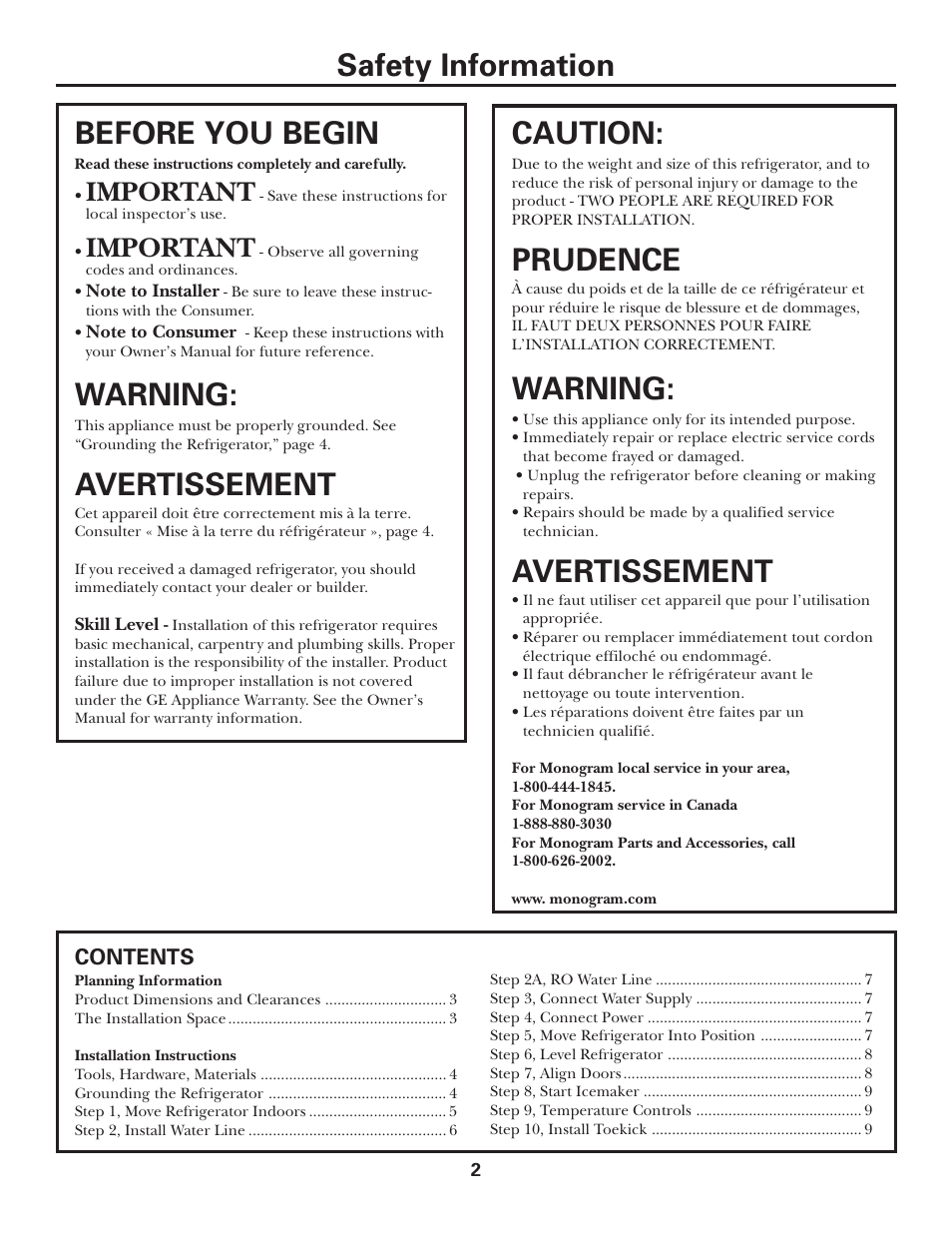 Safety information caution, Prudence, Warning | Avertissement, Before you begin, Important | GE FREE-STANDING SIDE-BY-SIDE STAINLESS STEEL ZFSB23D SS User Manual | Page 2 / 12