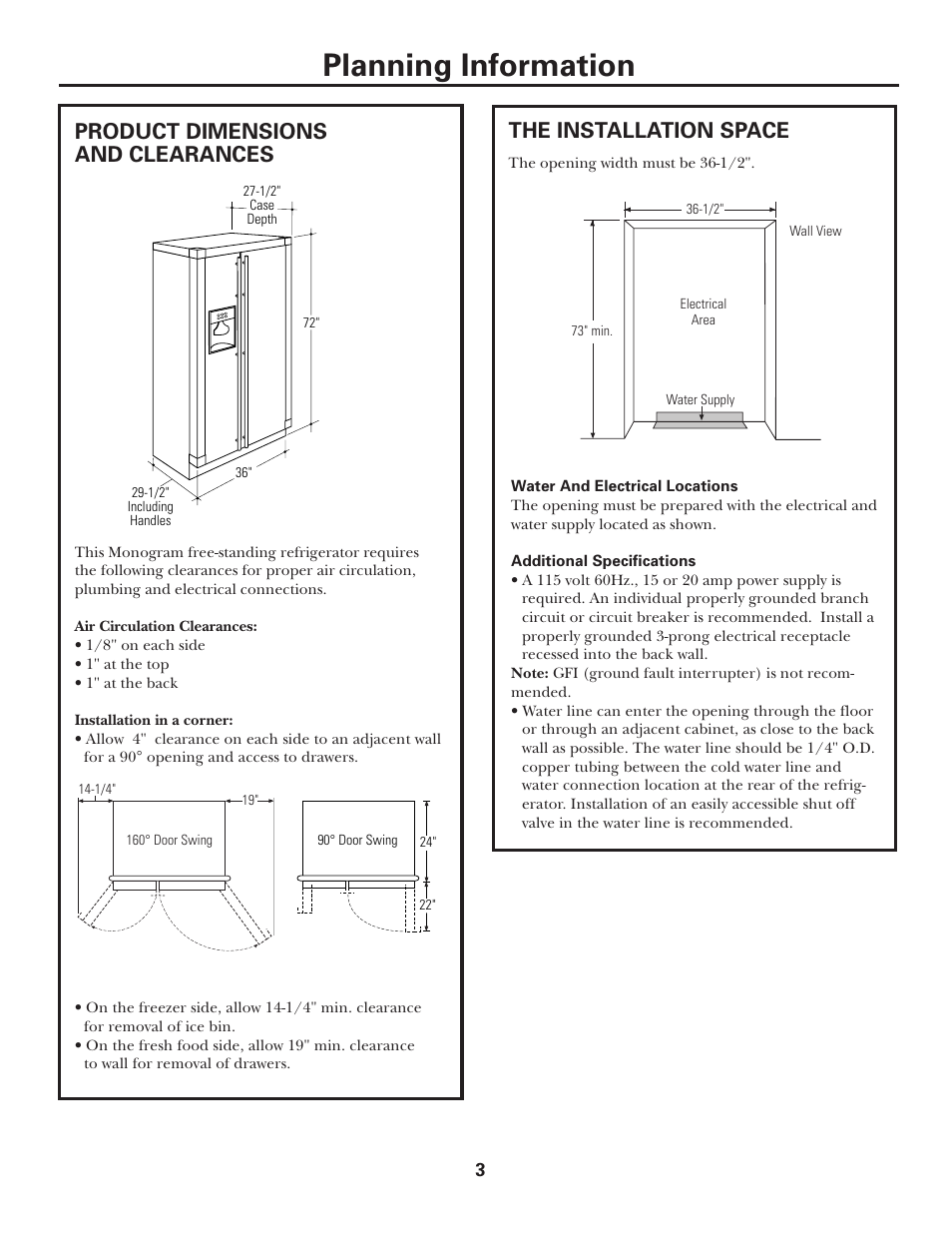 Planning information, Product dimensions and clearances, The installation space | GE FREE-STANDING SIDE-BY-SIDE STAINLESS STEEL ZFSB23D SS User Manual | Page 3 / 12