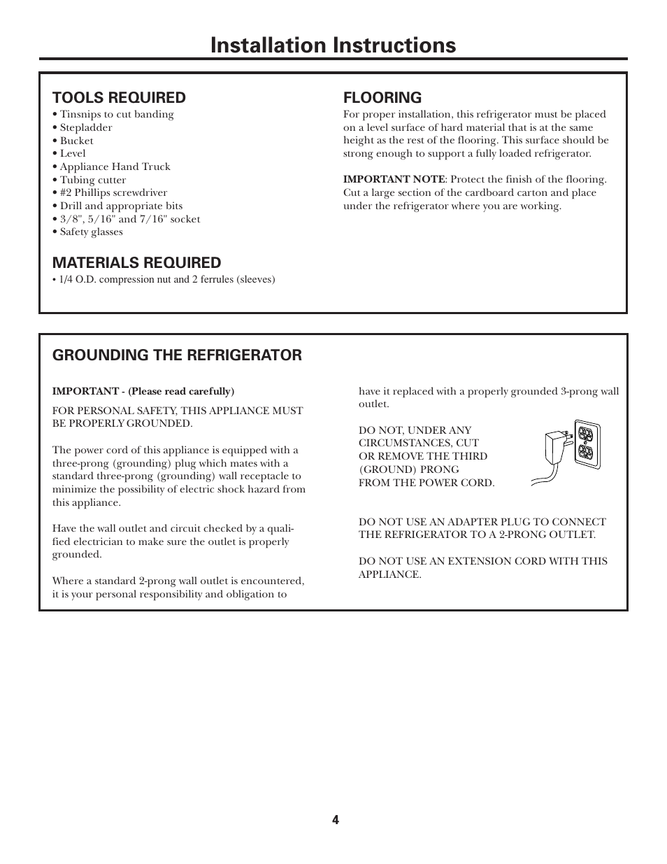 Installation instructions, Tools required, Materials required | Flooring, Grounding the refrigerator | GE FREE-STANDING SIDE-BY-SIDE STAINLESS STEEL ZFSB23D SS User Manual | Page 4 / 12