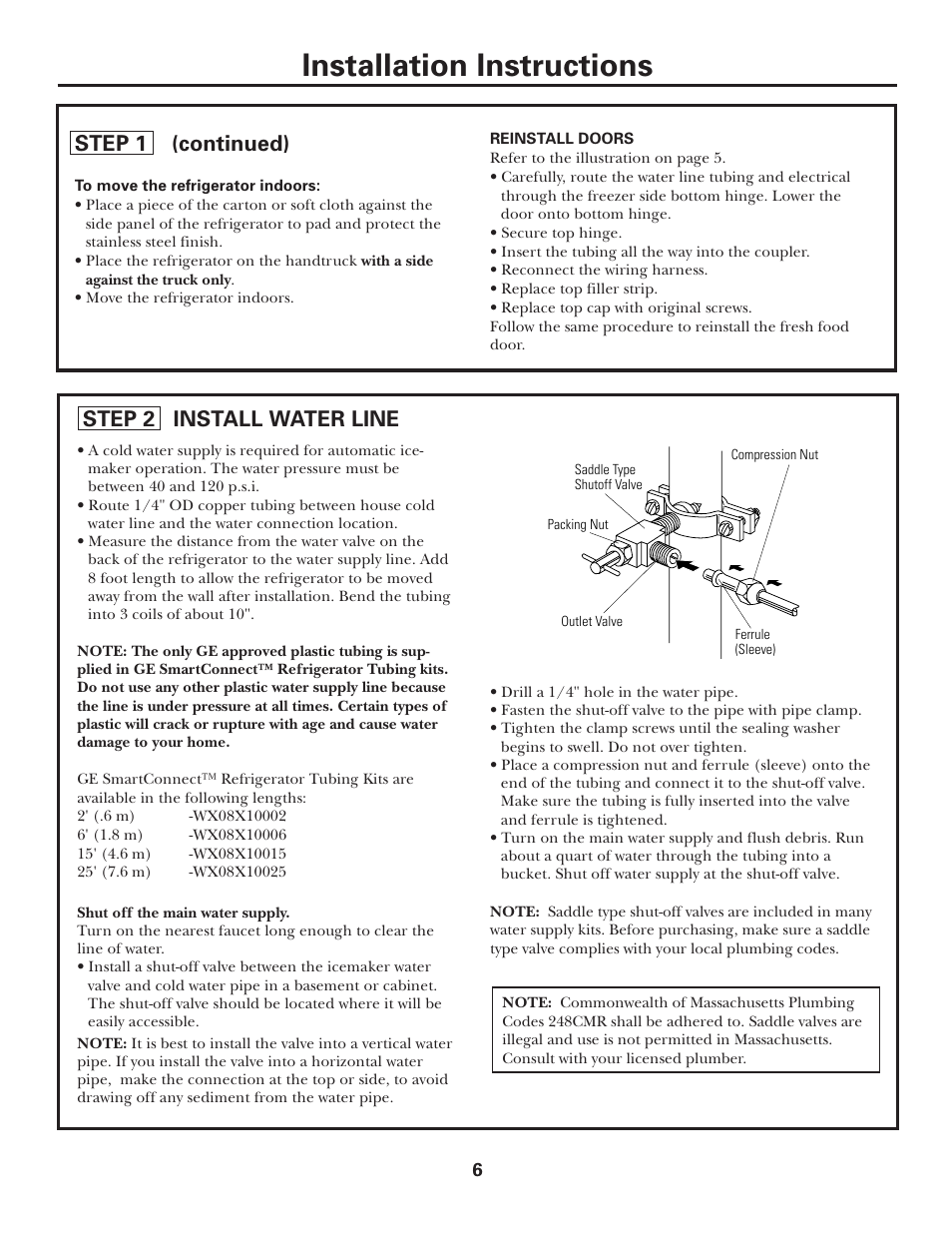 Installation instructions, Step 1 (continued), Step 2 install water line | GE FREE-STANDING SIDE-BY-SIDE STAINLESS STEEL ZFSB23D SS User Manual | Page 6 / 12
