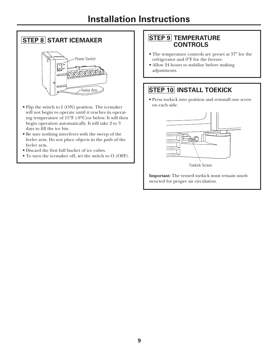 Installation instructions, Step 8 start icemaker, Step 9 temperature controls | Step 10 install toekick | GE FREE-STANDING SIDE-BY-SIDE STAINLESS STEEL ZFSB23D SS User Manual | Page 9 / 12