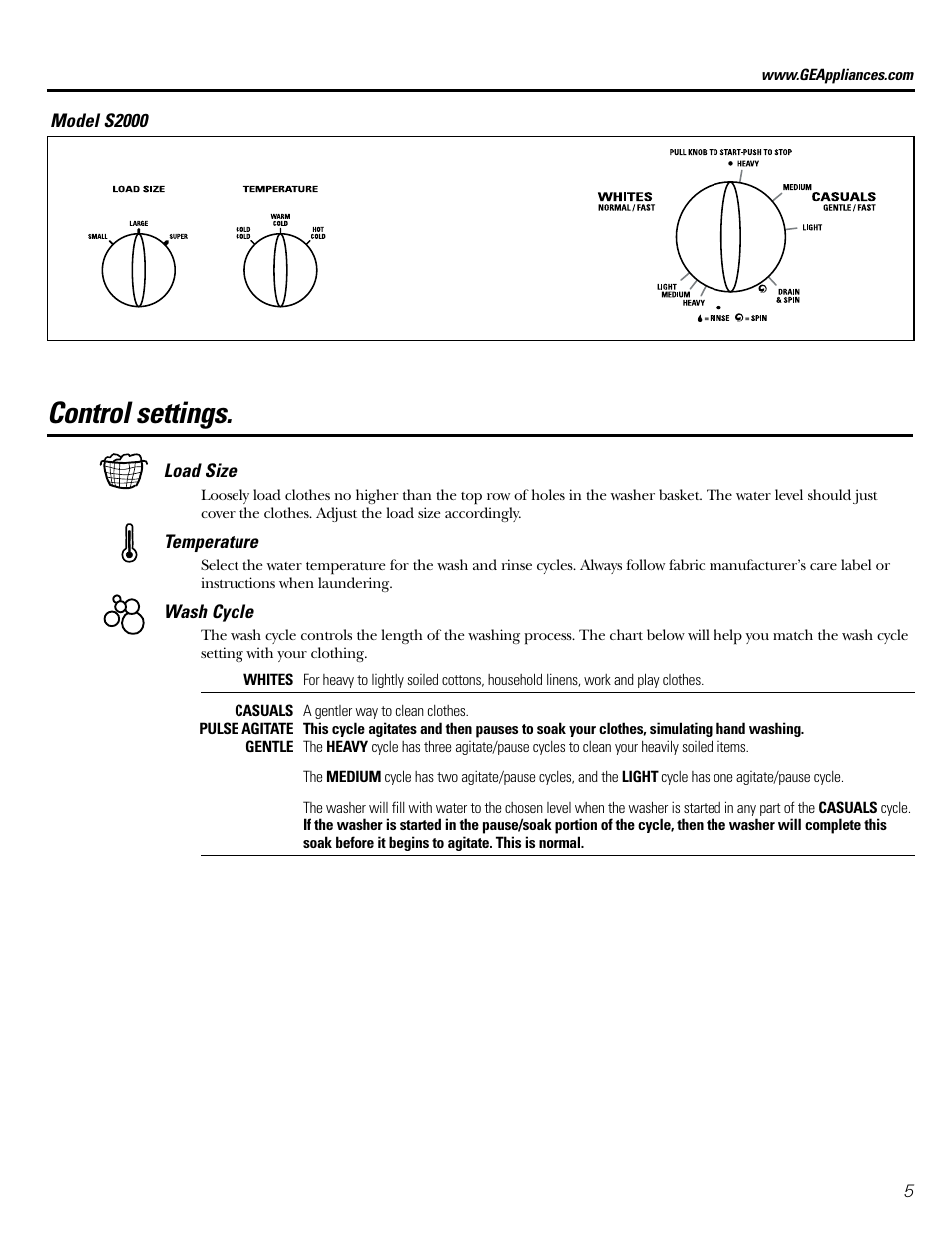 Control settings | GE WBXR2090 User Manual | Page 5 / 16