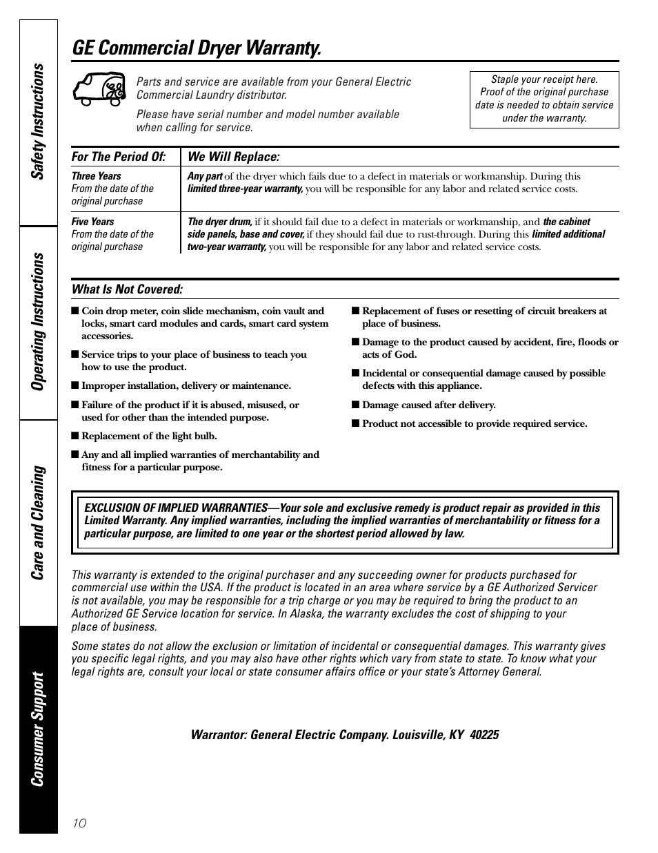 Warranty, Ge commercial dryer warranty | GE DCCD330 User Manual | Page 10 / 12