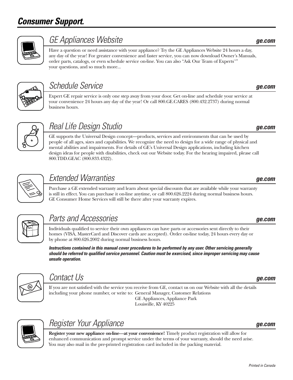 Consumer support, Consumer support . . . . .back cover, Ge appliances website | Schedule service, Real life design studio, Extended warranties, Parts and accessories, Contact us, Register your appliance | GE DCCD330 User Manual | Page 12 / 12