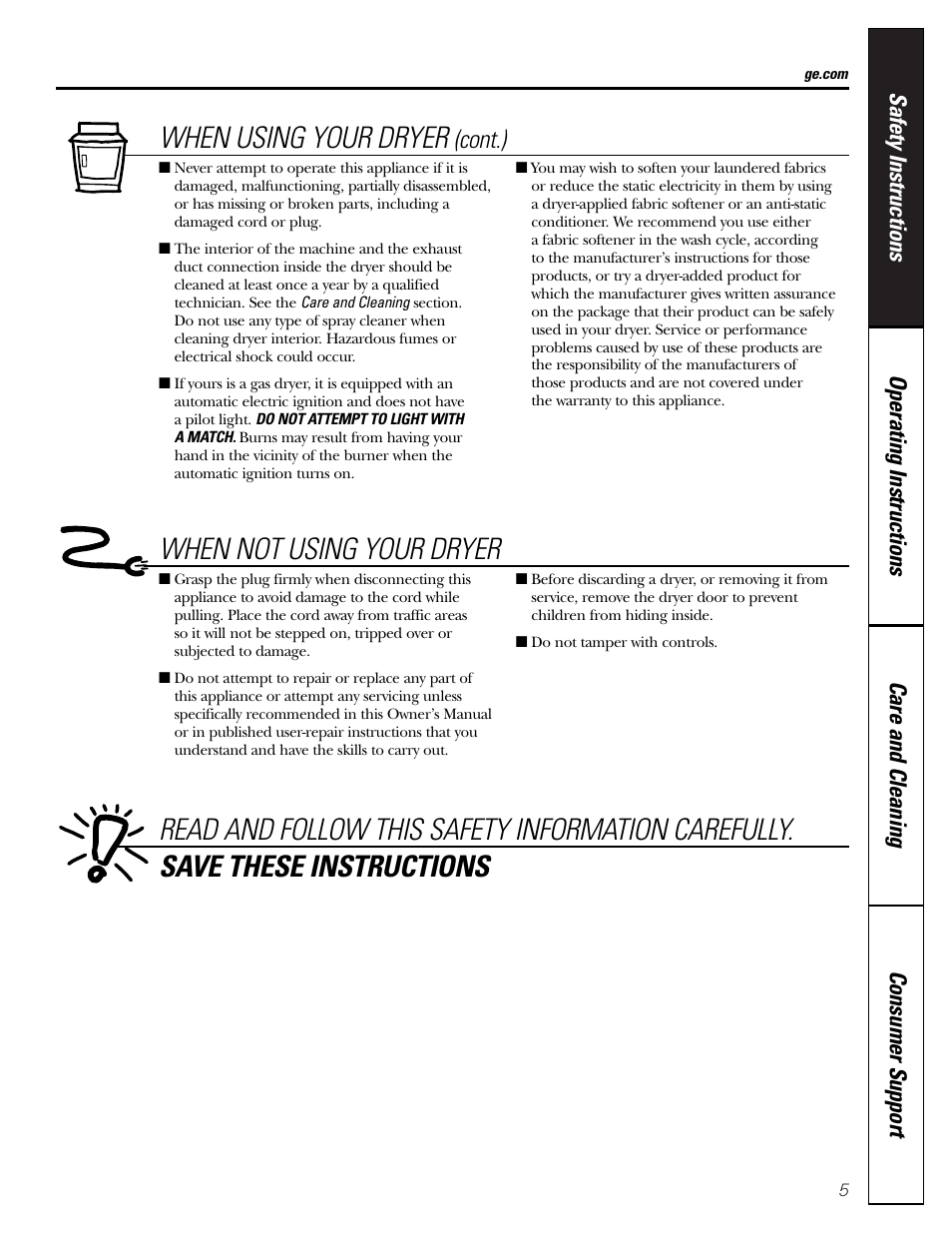 When using your dryer, When not using your dryer, Cont.) | GE DCCD330 User Manual | Page 5 / 12