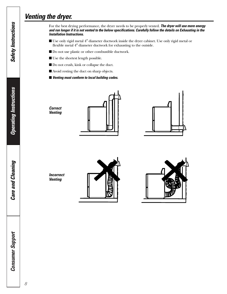 Venting, Venting the dryer | GE DCCD330 User Manual | Page 8 / 12