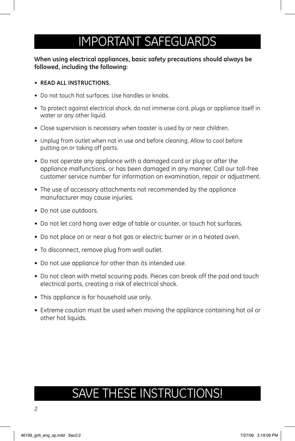 Important safeguards, Save these instructions | GE 681131690805 User Manual | Page 2 / 6