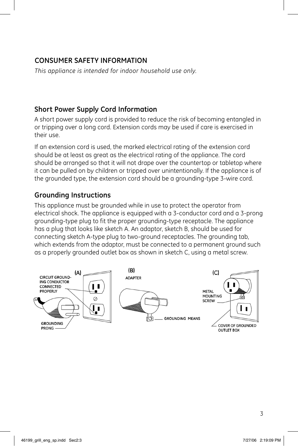 Consumer safety information, Short power supply cord information, Grounding instructions | GE 681131690805 User Manual | Page 3 / 6