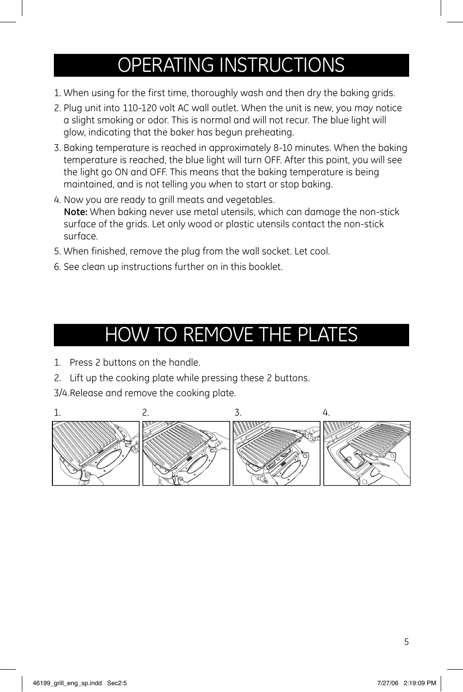 Operating instructions, How to remove the plates | GE 681131690805 User Manual | Page 5 / 6