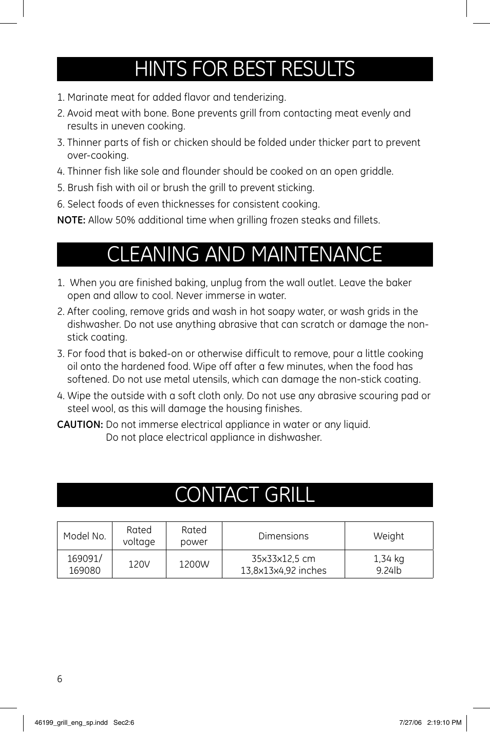 Hints for best results, Contact grill cleaning and maintenance | GE 681131690805 User Manual | Page 6 / 6